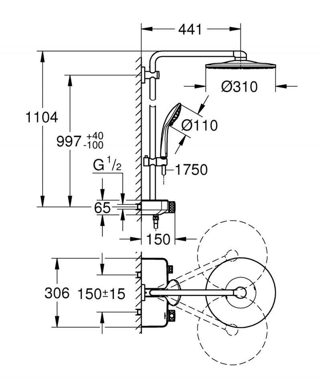 Sistem de dus Grohe Euphoria SmartControl 310 26507GL0, termostat, 310 mm, aparent, butoane push&turn, anti-oparire, anti-calcar, ajustabil, lucios, Cool sunrise