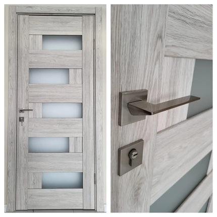 Ușă interior Rino 16 Shalet Oak – complet echipată, cu sticlă verticală și toc reglabil Omis